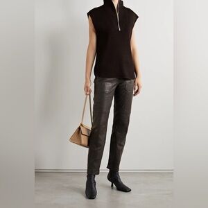 SPRWMN Women’s Leather straight-leg pants Brown Size S Button Fly Pants